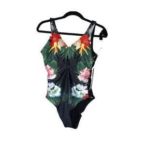 Nicole Miller NWT Tropical One-Piece Swimsuit, open sides with gold hardware